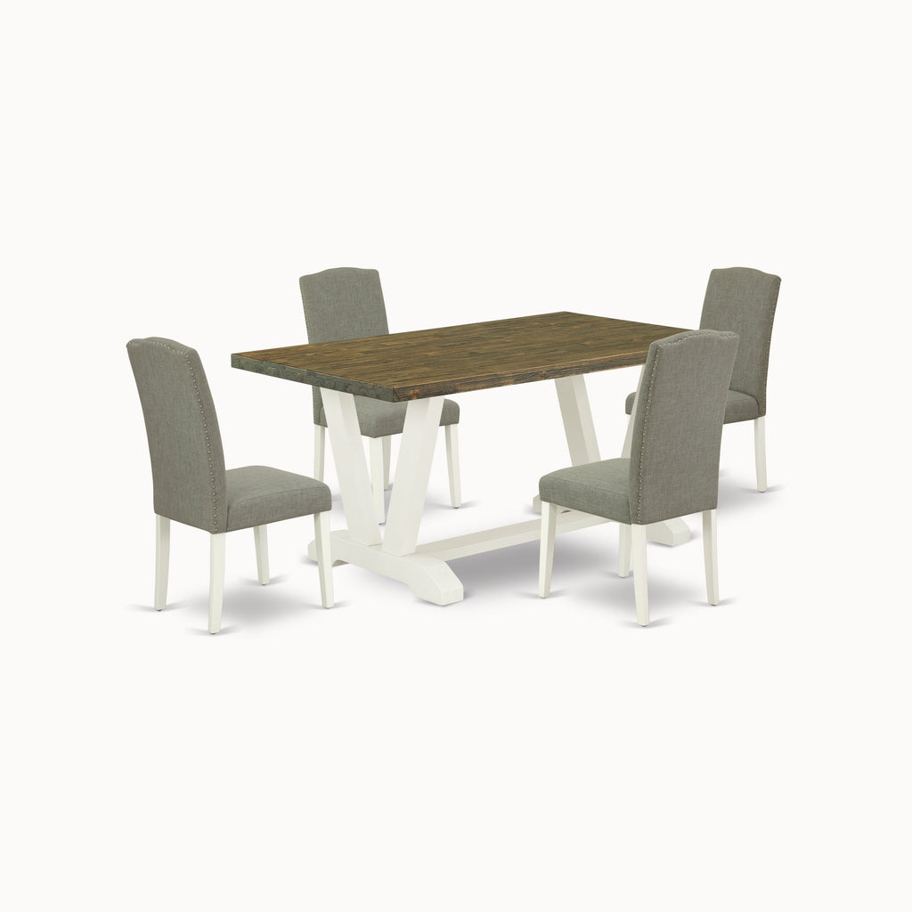 East West Furniture V076EN206-5 5 Piece Dinette Set Includes a Rectangle Dining Table with V-Legs and 4 Dark Shitake Linen Fabric Parson Dining Room Chairs, 36x60 Inch, Multi-Color