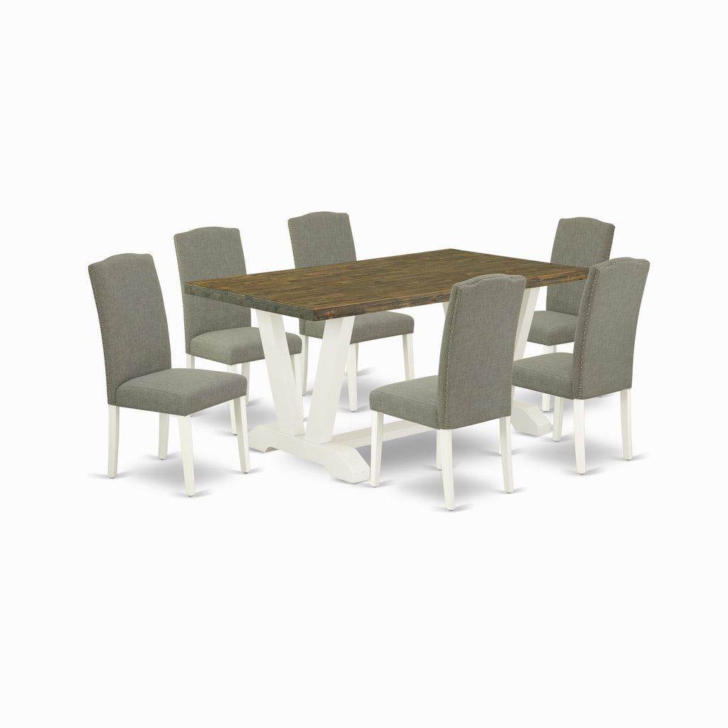 East West Furniture V076EN206-7 7 Piece Dining Set Consist of a Rectangle Dining Room Table with V-Legs and 6 Dark Shitake Linen Fabric Upholstered Parson Chairs, 36x60 Inch, Multi-Color