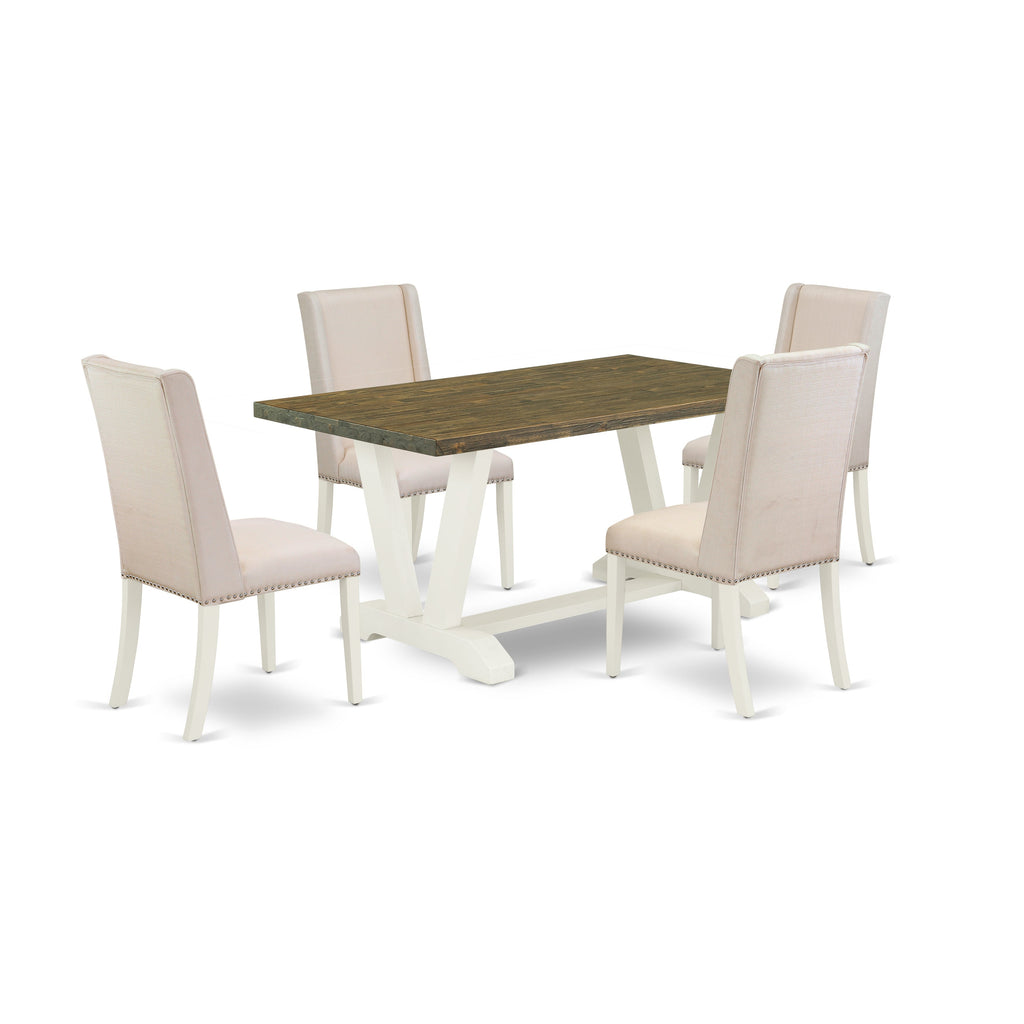 East West Furniture V076FL201-5 5 Piece Dining Room Furniture Set Includes a Rectangle Dining Table with V-Legs and 4 Cream Linen Fabric Upholstered Chairs, 36x60 Inch, Multi-Color