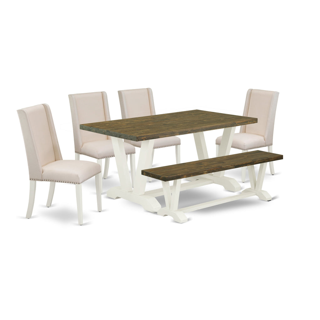 East West Furniture V076FL201-6 6 Piece Dinette Set Contains a Rectangle Dining Table with V-Legs and 4 Cream Linen Fabric Parson Chairs with a Bench, 36x60 Inch, Multi-Color