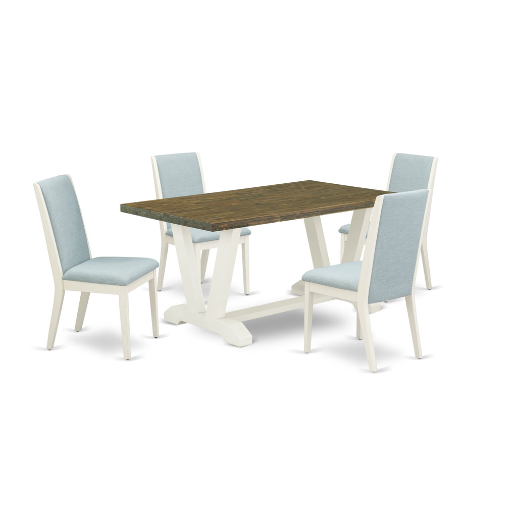 East West Furniture V076LA015-5 5 Piece Dining Room Table Set Includes a Rectangle Dining Table with V-Legs and 4 Baby Blue Linen Fabric Upholstered Chairs, 36x60 Inch, Multi-Color