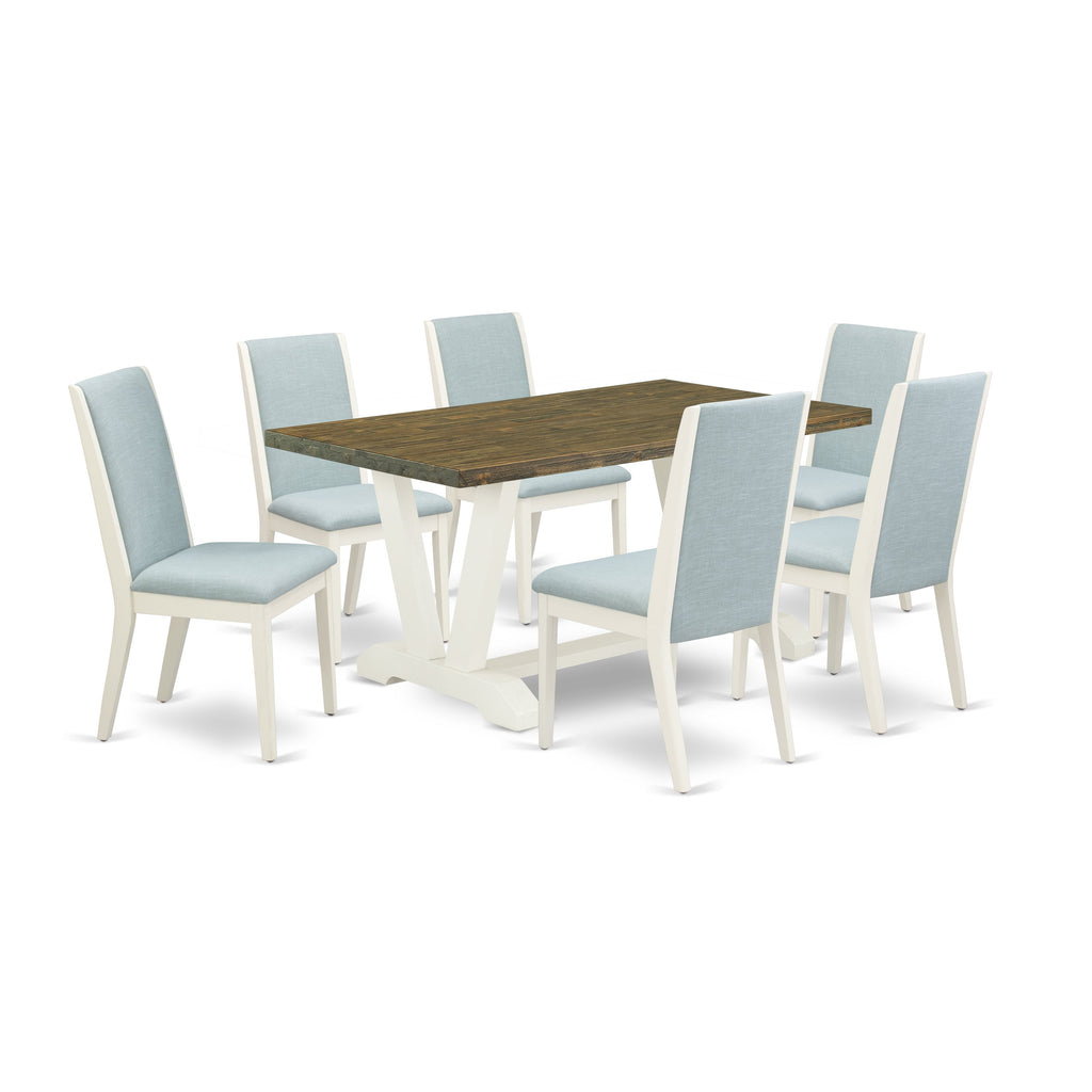 East West Furniture V076LA015-7 7 Piece Dining Room Furniture Set Consist of a Rectangle Dining Table with V-Legs and 6 Baby Blue Linen Fabric Upholstered Chairs, 36x60 Inch, Multi-Color