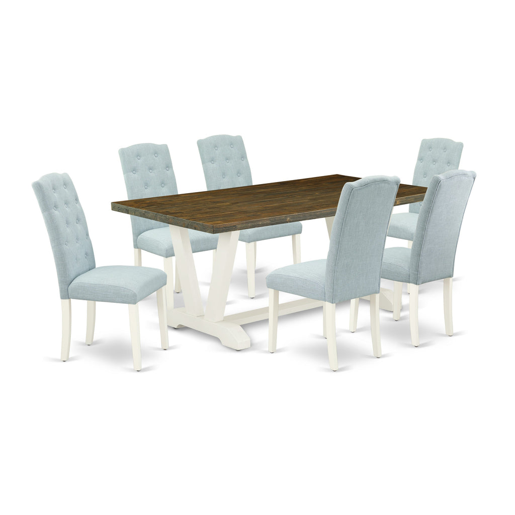 East West Furniture V077CE215-7 7 Piece Dining Set Consist of a Rectangle Dining Room Table with V-Legs and 6 Baby Blue Linen Fabric Upholstered Parson Chairs, 40x72 Inch, Multi-Color