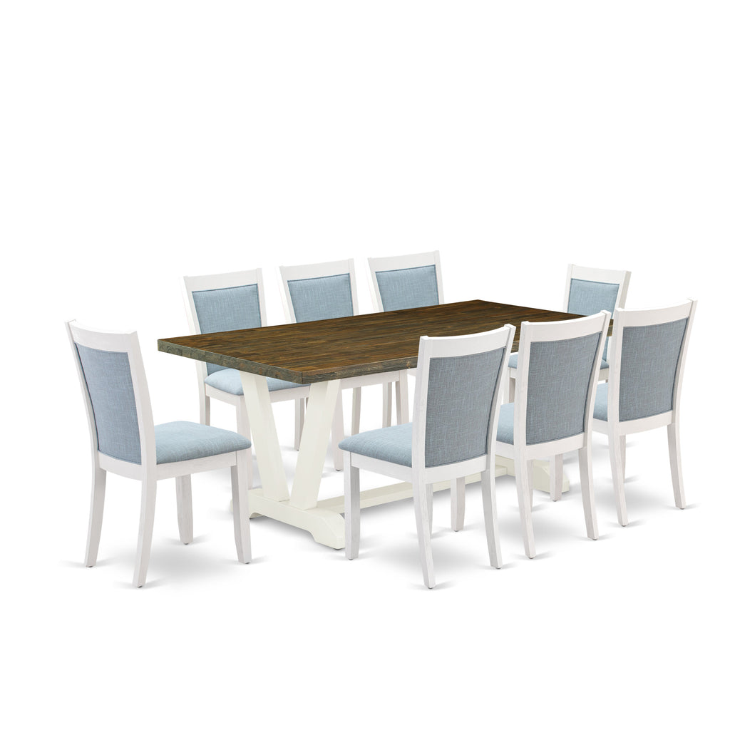 East West Furniture V077MZ015-9 9 Piece Kitchen Table & Chairs Set Includes a Rectangle Dining Room Table with V-Legs and 8 Baby Blue Linen Fabric Parsons Chairs, 40x72 Inch, Multi-Color