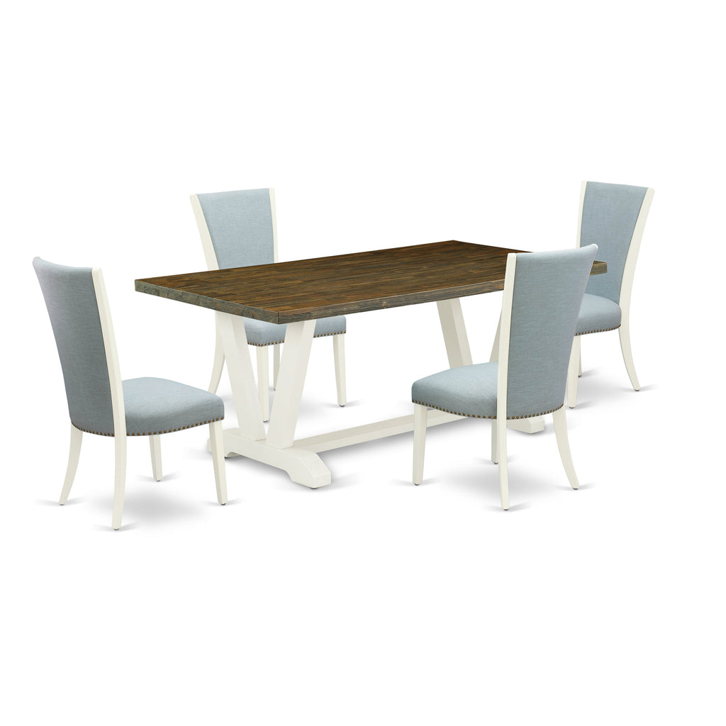 East West Furniture V077VE215-5 5 Piece Dining Set Includes a Rectangle Dining Room Table with V-Legs and 4 Baby Blue Linen Fabric Upholstered Chairs, 40x72 Inch, Multi-Color