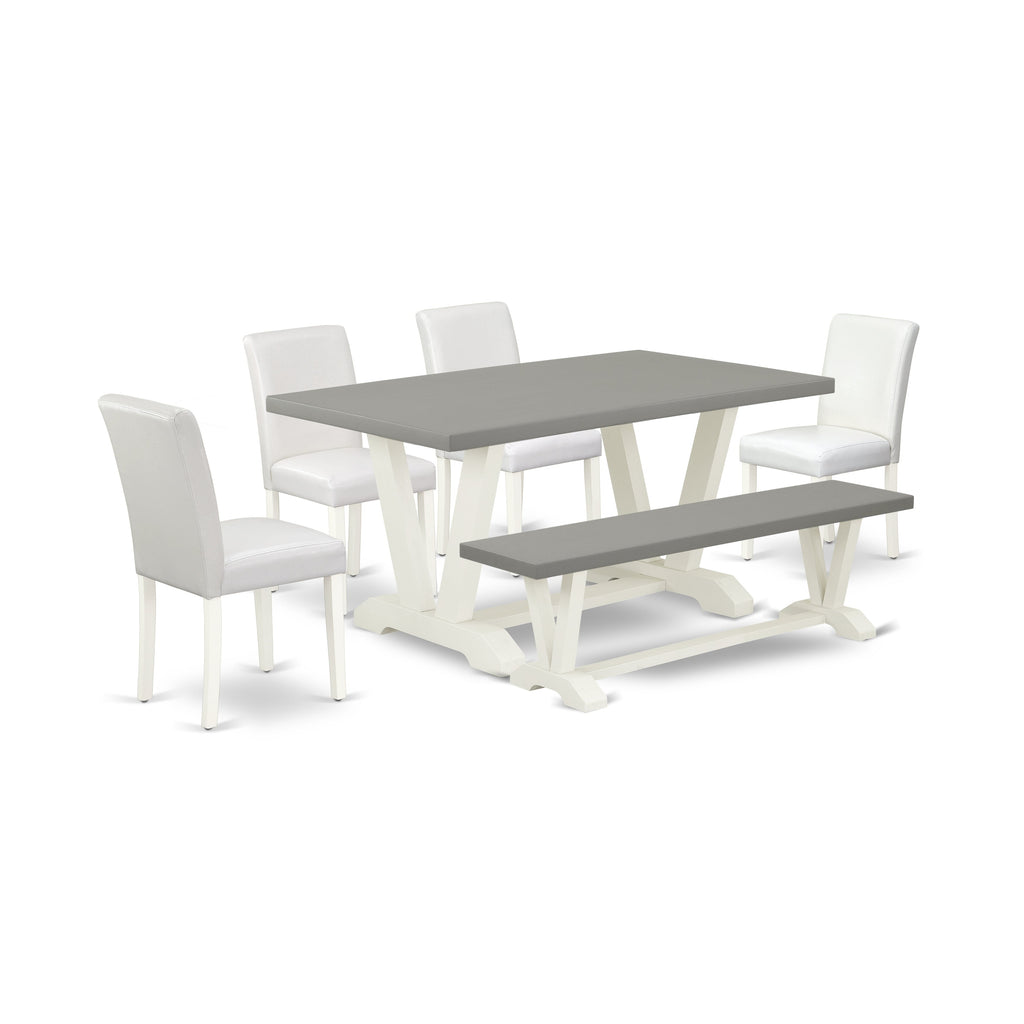 East West Furniture V096AB264-6 6 Piece Dining Table Set Contains a Rectangle Dining Room Table with V-Legs and 4 White Faux Leather Upholstered Chairs with a Bench, 36x60 Inch, Multi-Color