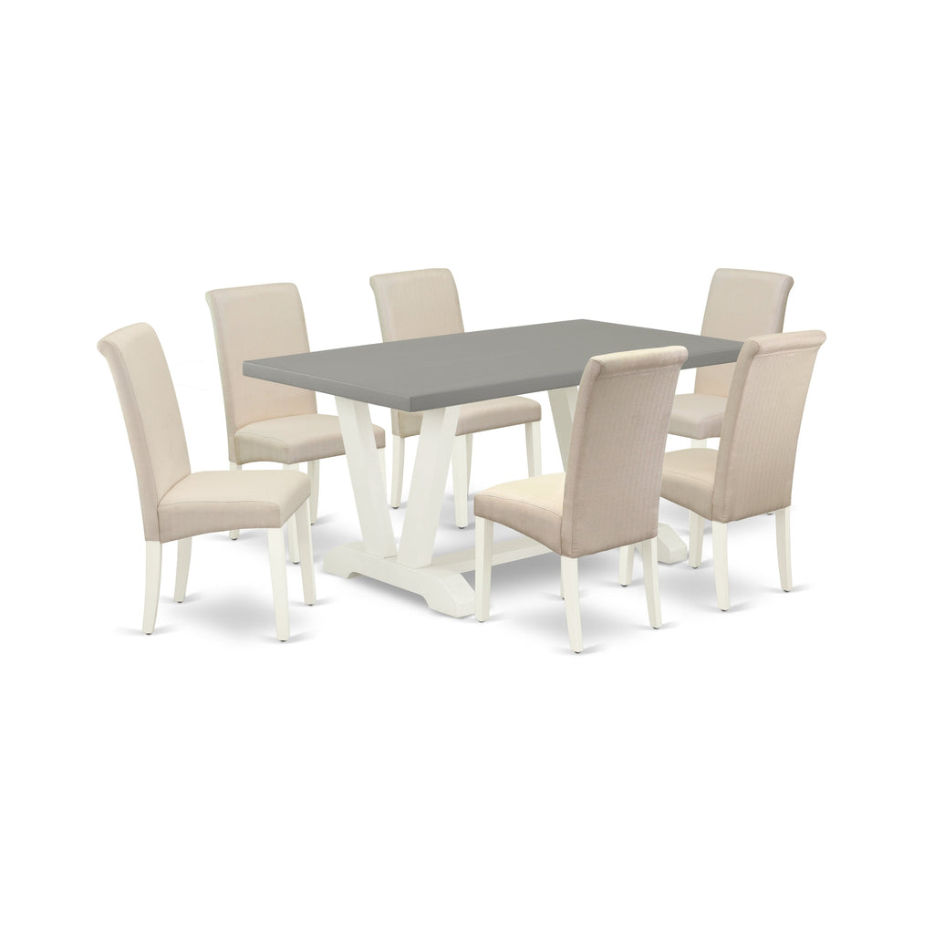 East West Furniture V096BA201-7 7 Piece Kitchen Table Set Consist of a Rectangle Dining Table with V-Legs and 6 Cream Linen Fabric Parson Dining Room Chairs, 36x60 Inch, Multi-Color