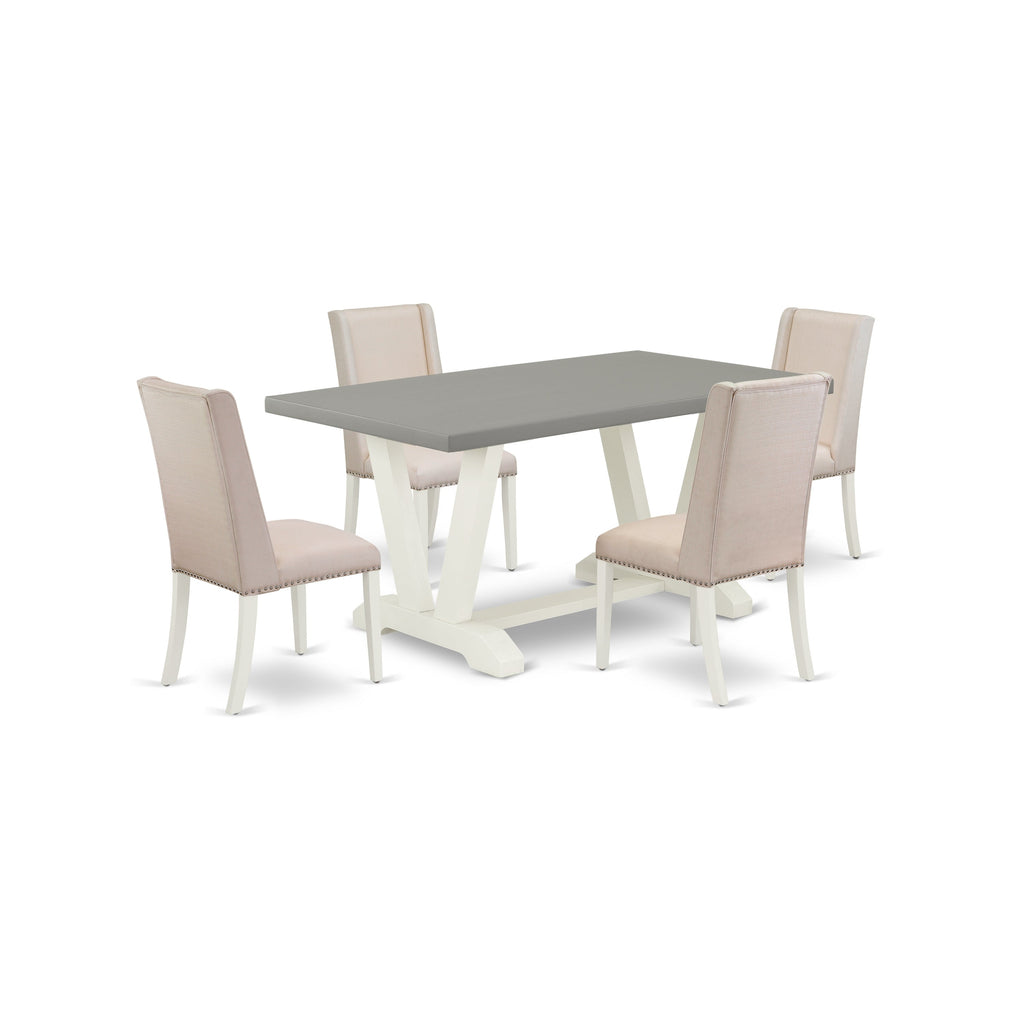 East West Furniture V096FL201-5 5 Piece Dining Table Set Includes a Rectangle Dining Room Table with V-Legs and 4 Cream Linen Fabric Parsons Chairs, 36x60 Inch, Multi-Color