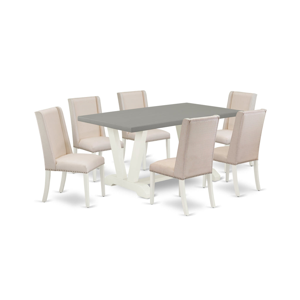 East West Furniture V096FL201-7 7 Piece Dining Room Table Set Consist of a Rectangle Kitchen Table with V-Legs and 6 Cream Linen Fabric Parson Dining Chairs, 36x60 Inch, Multi-Color