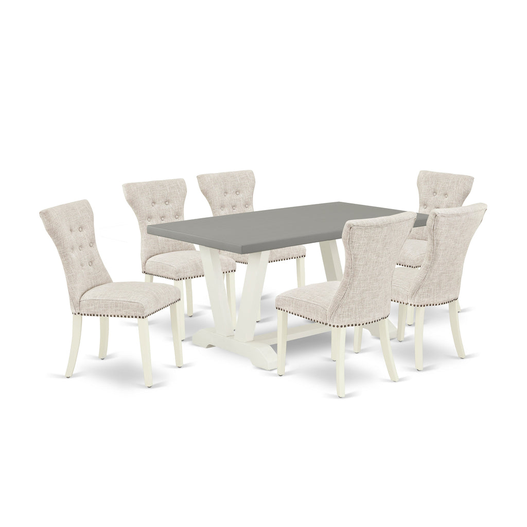 East West Furniture V096GA235-7 7 Piece Dining Table Set Consist of a Rectangle Dining Room Table with V-Legs and 6 Doeskin Linen Fabric Upholstered Chairs, 36x60 Inch, Multi-Color