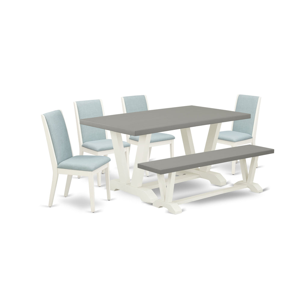 East West Furniture V096LA015-6 6 Piece Dining Table Set Contains a Rectangle Dining Room Table and 4 Baby Blue Linen Fabric Upholstered Chairs with a Bench, 36x60 Inch, Multi-Color