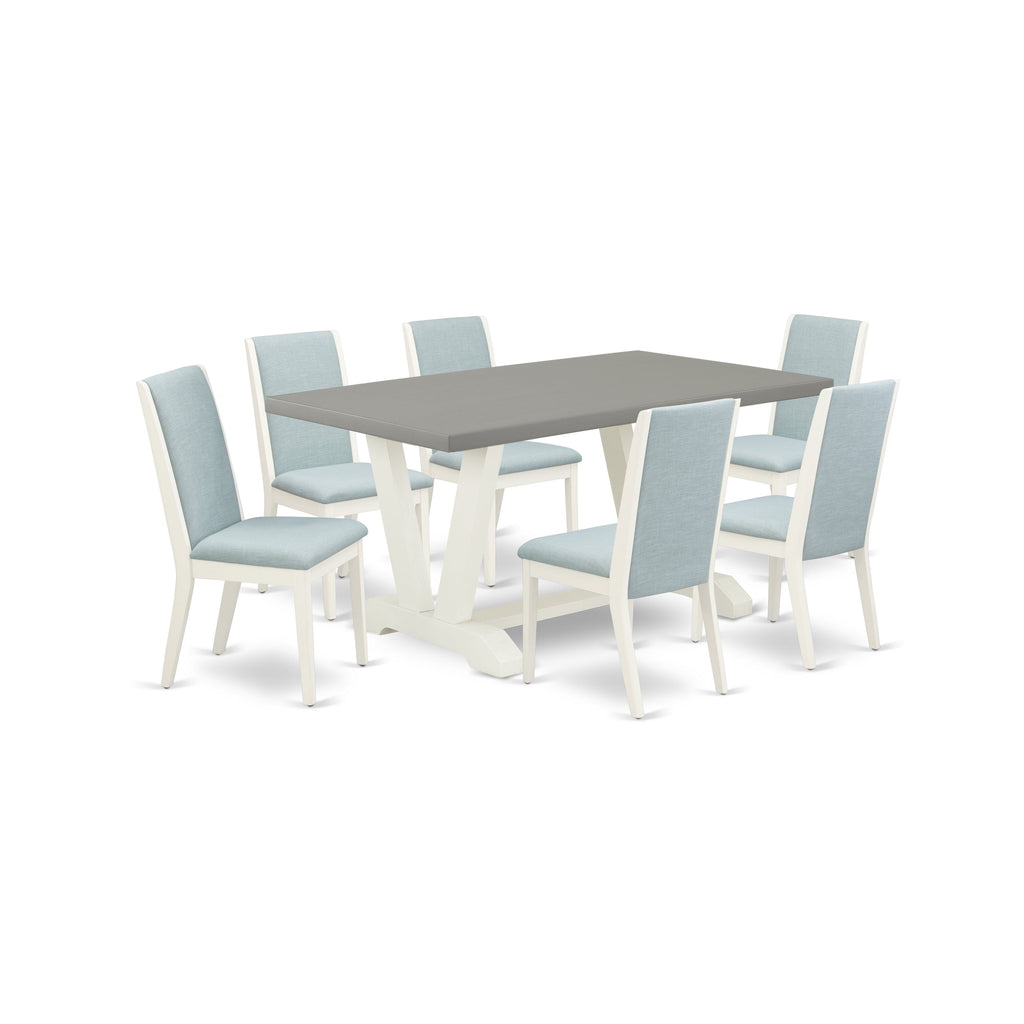 East West Furniture V096LA015-7 7 Piece Modern Dining Table Set Consist of a Rectangle Wooden Table with V-Legs and 6 Baby Blue Linen Fabric Parson Dining Chairs, 36x60 Inch, Multi-Color