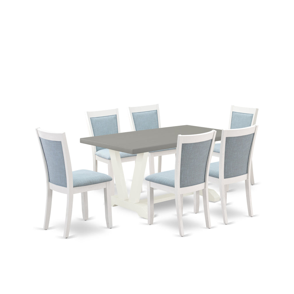 East West Furniture V096MZ015-7 7 Piece Dining Set Consist of a Rectangle Dining Room Table with V-Legs and 6 Baby Blue Linen Fabric Upholstered Parson Chairs, 36x60 Inch, Multi-Color