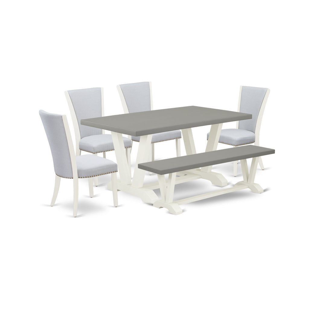 East West Furniture V096VE005-6 6 Piece Dining Room Furniture Set Contains a Rectangle Dining Table with V-Legs and 4 Grey Linen Fabric Parson Chairs with a Bench, 36x60 Inch, Multi-Color