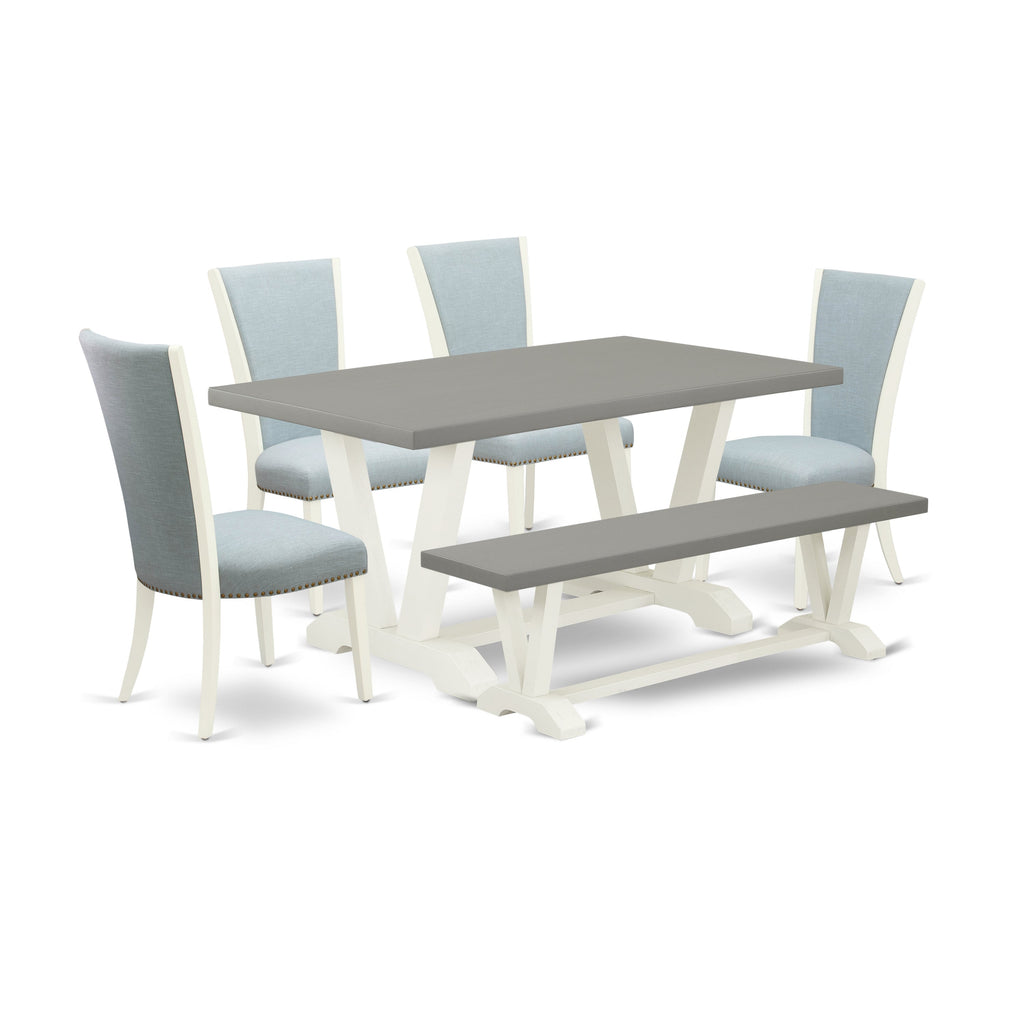 East West Furniture V096VE215-6 6 Piece Dining Table Set Contains a Rectangle Dining Room Table and 4 Baby Blue Linen Fabric Parson Chairs with a Bench, 36x60 Inch, Multi-Color