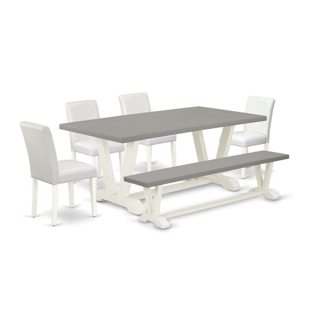 East West Furniture V097AB264-6 6 Piece Dining Table Set Contains a Rectangle Dining Room Table with V-Legs and 4 White Faux Leather Upholstered Chairs with a Bench, 40x72 Inch, Multi-Color