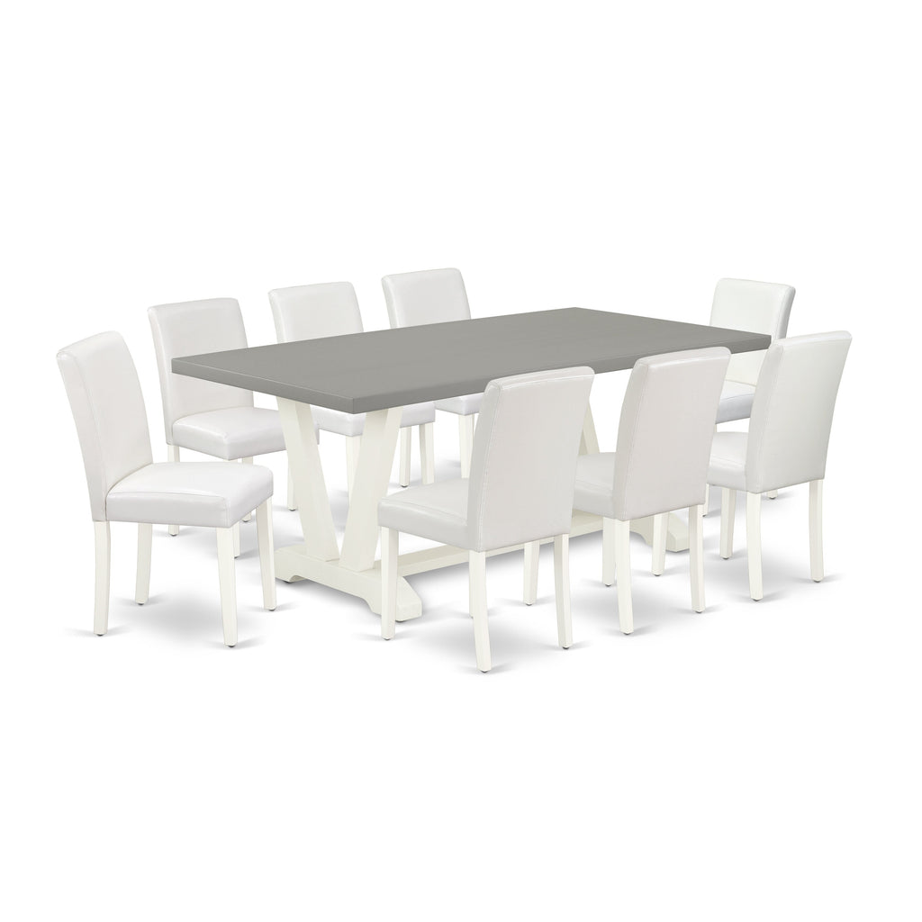 East West Furniture V097AB264-9 9 Piece Modern Dining Table Set Includes a Rectangle Dining Room Table with V-Legs and 8 White Faux Leather Parsons Chairs, 40x72 Inch, Multi-Color