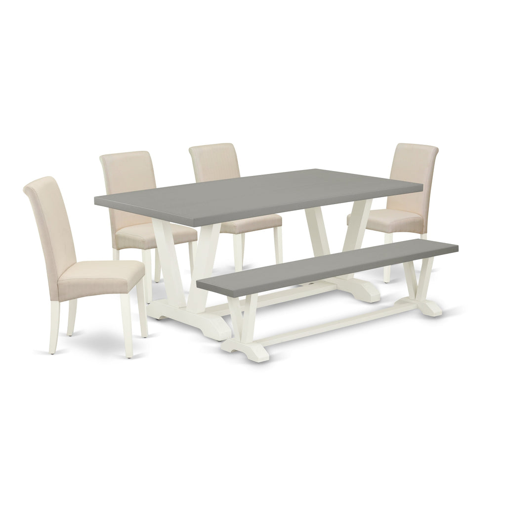 East West Furniture V097BA201-6 6 Piece Dining Room Table Set Contains a Rectangle Kitchen Table with V-Legs and 4 Cream Linen Fabric Parson Chairs with a Bench, 40x72 Inch, Multi-Color