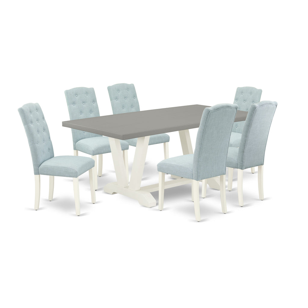 East West Furniture V097CE215-7 7 Piece Kitchen Table Set Consist of a Rectangle Dining Table with V-Legs and 6 Baby Blue Linen Fabric Parson Dining Room Chairs, 40x72 Inch, Multi-Color