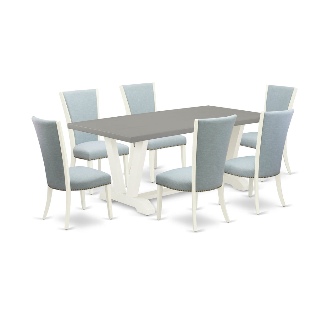 East West Furniture V097VE215-7 7 Piece Dining Table Set Consist of a Rectangle Dining Room Table with V-Legs and 6 Baby Blue Linen Fabric Upholstered Chairs, 40x72 Inch, Multi-Color
