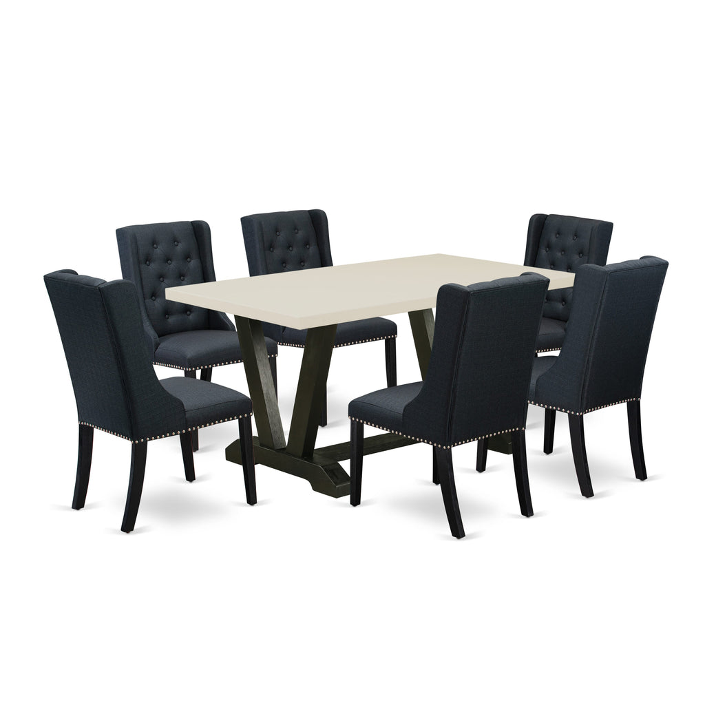 East West Furniture V626FO624-7 7 Piece Dining Room Furniture Set Consist of a Rectangle Dining Table with V-Legs and 6 Black Linen Fabric Upholstered Chairs, 36x60 Inch, Multi-Color