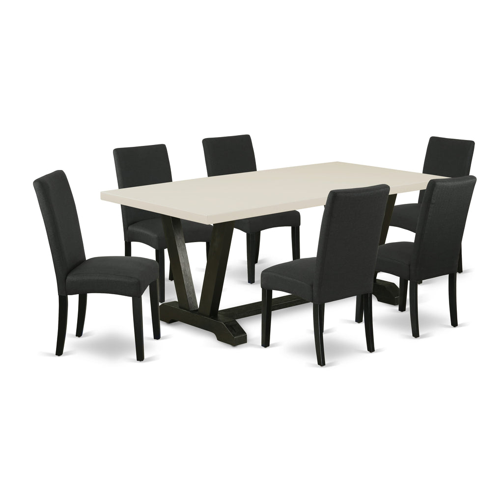 East West Furniture V627DR124-7 7 Piece Modern Dining Table Set Consist of a Rectangle Wooden Table with V-Legs and 6 Black Color Linen Fabric Parsons Dining Chairs, 40x72 Inch, Multi-Color