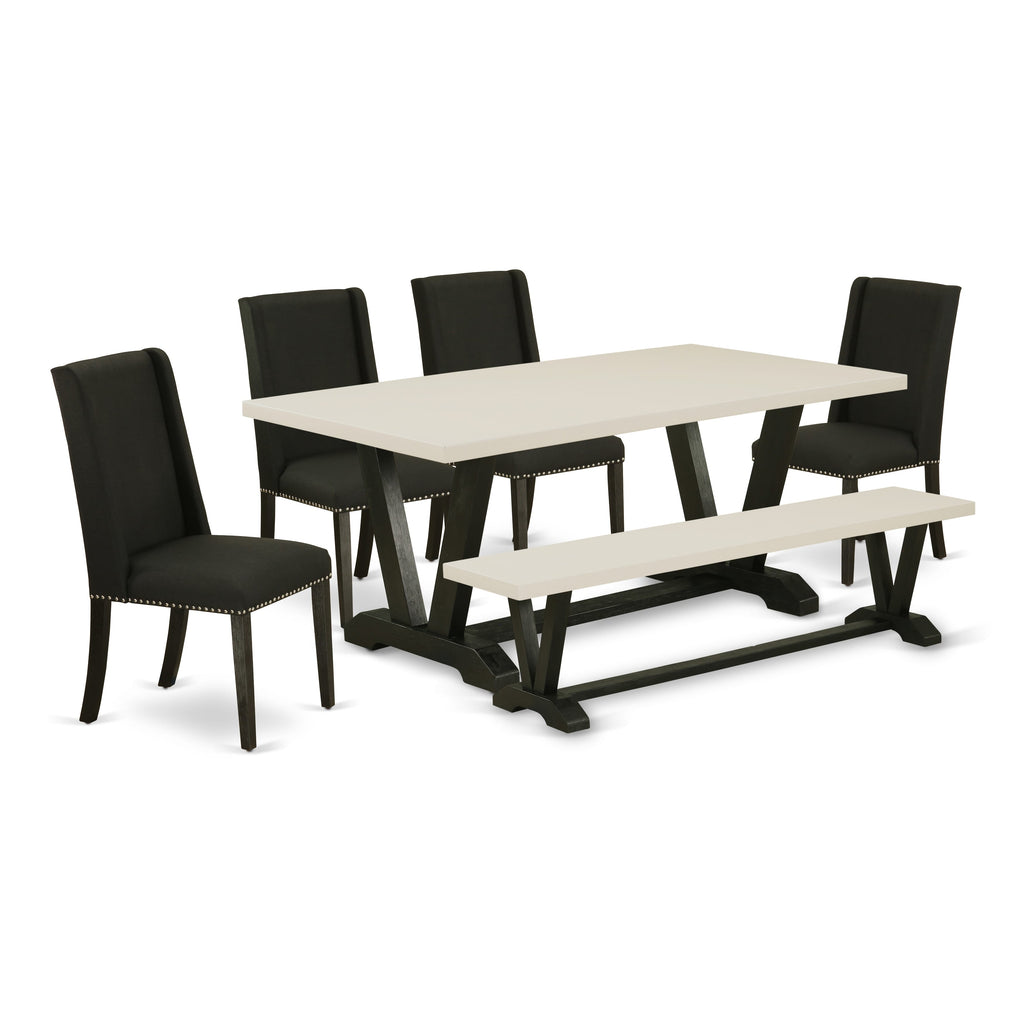 East West Furniture V627FL624-6 6 Piece Dining Room Table Set Contains a Rectangle Kitchen Table with V-Legs and 4 Black Linen Fabric Parson Chairs with a Bench, 40x72 Inch, Multi-Color