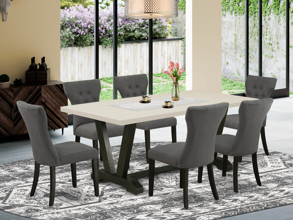 East West Furniture V627GA650-7 7 Piece Kitchen Table Set Consist of a Rectangle Dining Table with V-Legs and 6 Dark Gotham Linen Fabric Parson Dining Chairs, 40x72 Inch, Multi-Color