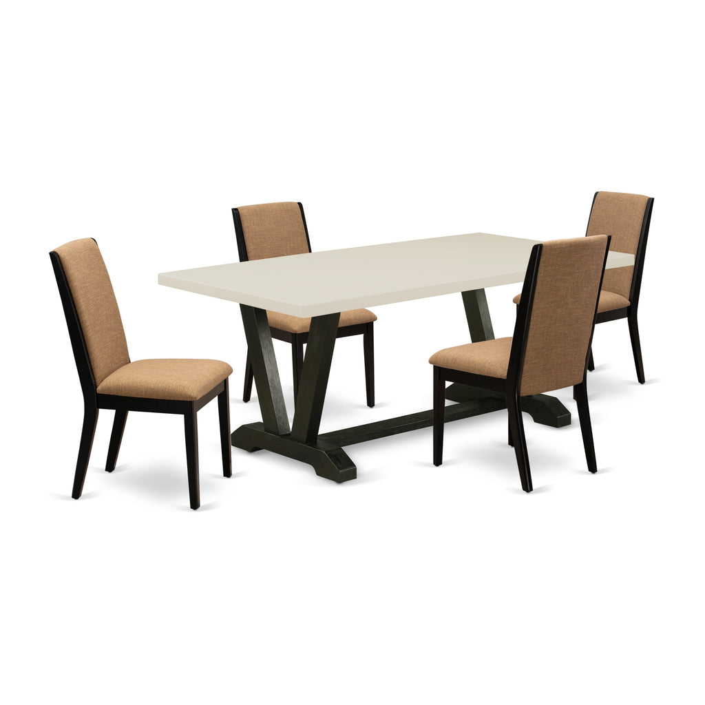 East West Furniture V627LA147-5 5 Piece Dining Table Set Includes a Rectangle Dining Room Table with V-Legs and 4 Light Sable Linen Fabric Parsons Chairs, 40x72 Inch, Multi-Color