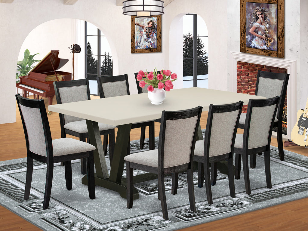 East West Furniture V627MZ650-9 9 Piece Kitchen Table Set Includes a Rectangle Dining Room Table with V-Legs and 8 Dark Gotham Grey Linen Fabric Parsons Chairs, 40x72 Inch, Multi-Color