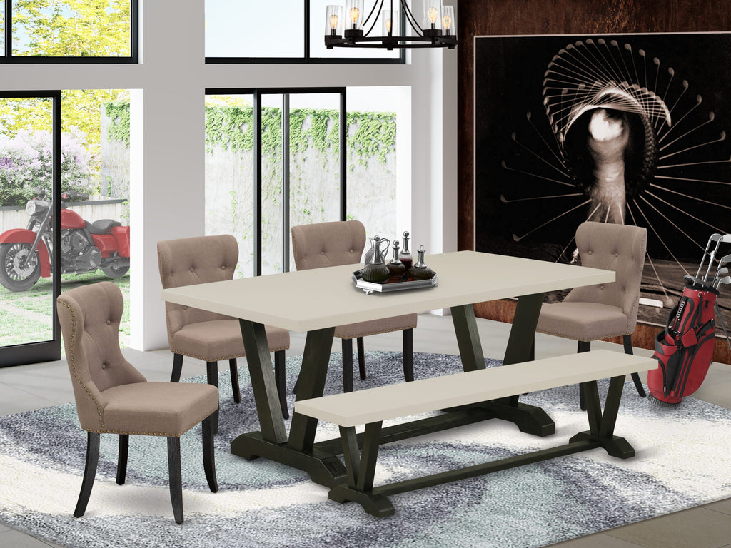 East West Furniture V627SI648-6 6 Piece Kitchen Table Set Contains a Rectangle Dining Table with V-Legs and 4 Coffee Linen Fabric Parson Chairs with a Bench, 40x72 Inch, Multi-Color