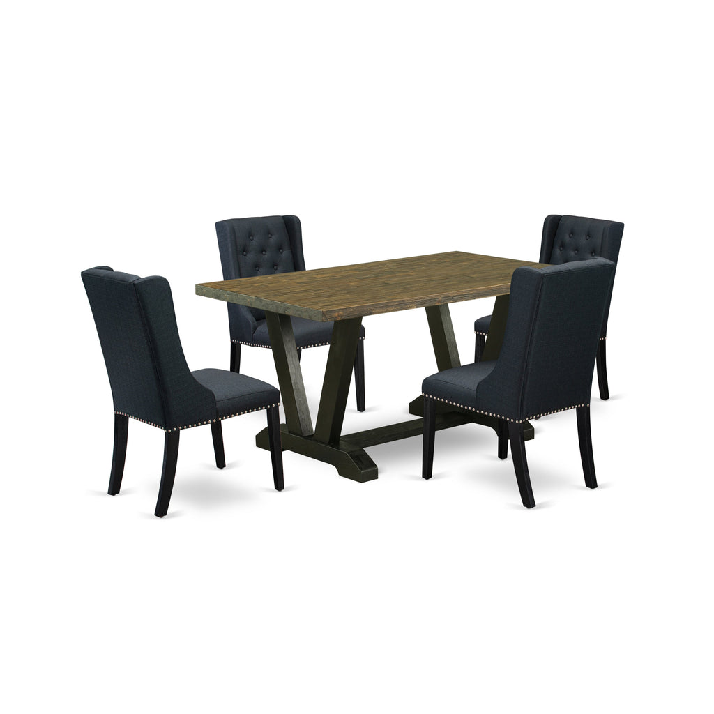 East West Furniture V676FO624-5 5 Piece Dinette Set for 4 Includes a Rectangle Dining Room Table with V-Legs and 4 Black Linen Fabric Upholstered Parson Chairs, 36x60 Inch, Multi-Color