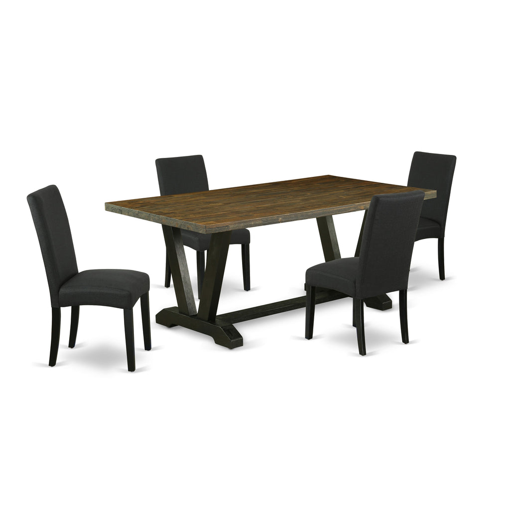 East West Furniture V677DR124-5 5 Piece Dining Room Table Set Includes a Rectangle Kitchen Table with V-Legs and 4 Black Color Linen Fabric Parson Dining Chairs, 40x72 Inch, Multi-Color