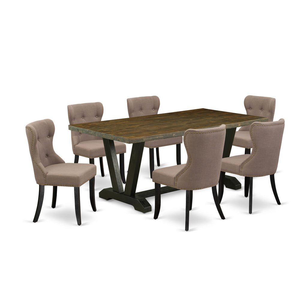 East West Furniture V677SI648-7 7 Piece Dining Room Table Set Consist of a Rectangle Kitchen Table with V-Legs and 6 Coffee Linen Fabric Parsons Dining Chairs, 40x72 Inch, Multi-Color