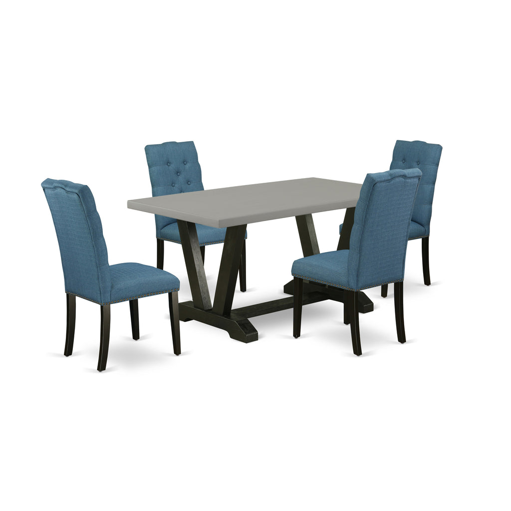 East West Furniture V696EL121-5 5 Piece Dinette Set for 4 Includes a Rectangle Dining Room Table with V-Legs and 4 Blue Linen Fabric Parsons Dining Chairs, 36x60 Inch, Multi-Color