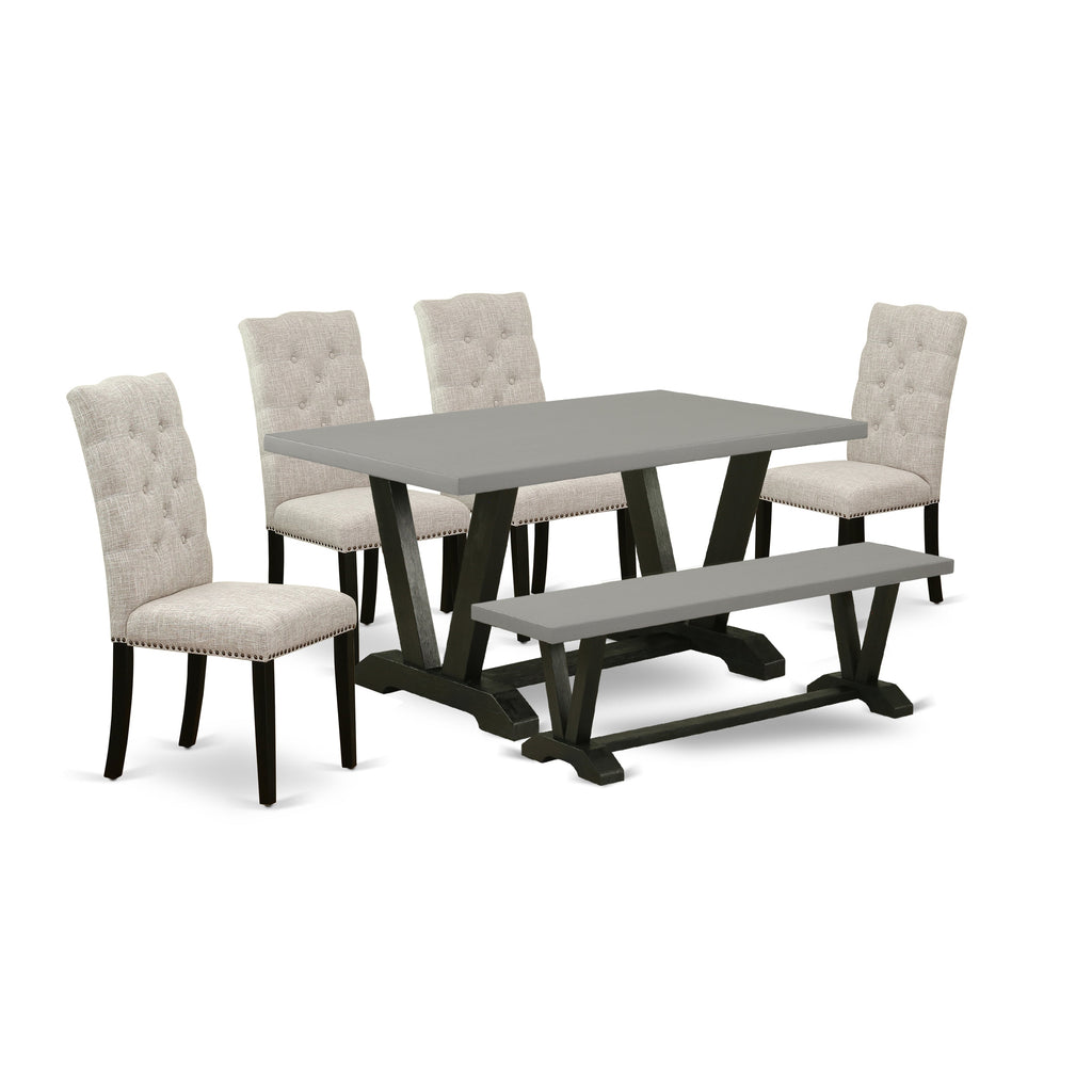 East West Furniture V696EL635-6 6 Piece Dining Room Table Set Contains a Rectangle Kitchen Table with V-Legs and 4 Doeskin Linen Fabric Parson Chairs with a Bench, 36x60 Inch, Multi-Color