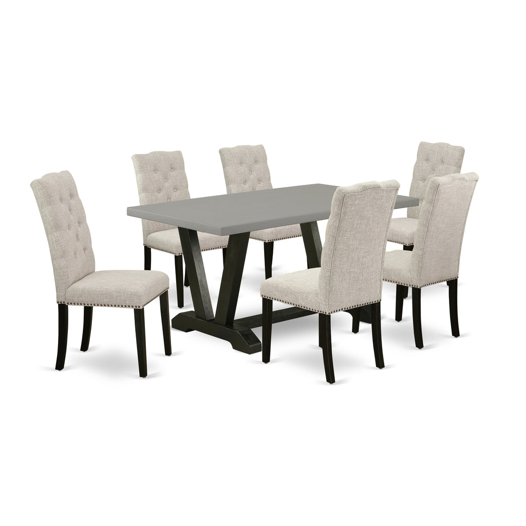 East West Furniture V696EL635-7 7 Piece Kitchen Table & Chairs Set Consist of a Rectangle Dining Table with V-Legs and 6 Doeskin Linen Fabric Parson Chairs, 36x60 Inch, Multi-Color