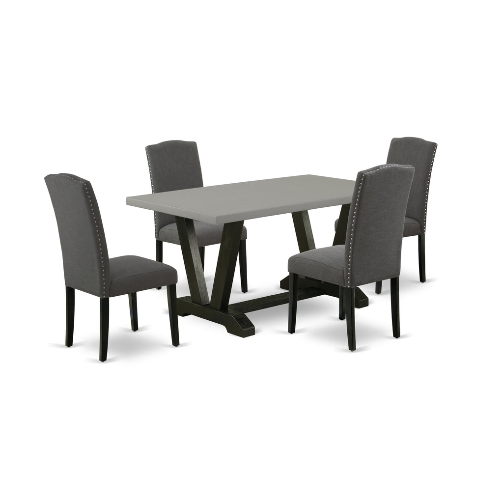 East West Furniture V696EN120-5 5 Piece Modern Dining Table Set Includes a Rectangle Wooden Table with V-Legs and 4 Dark Gotham Linen Fabric Upholstered Chairs, 36x60 Inch, Multi-Color