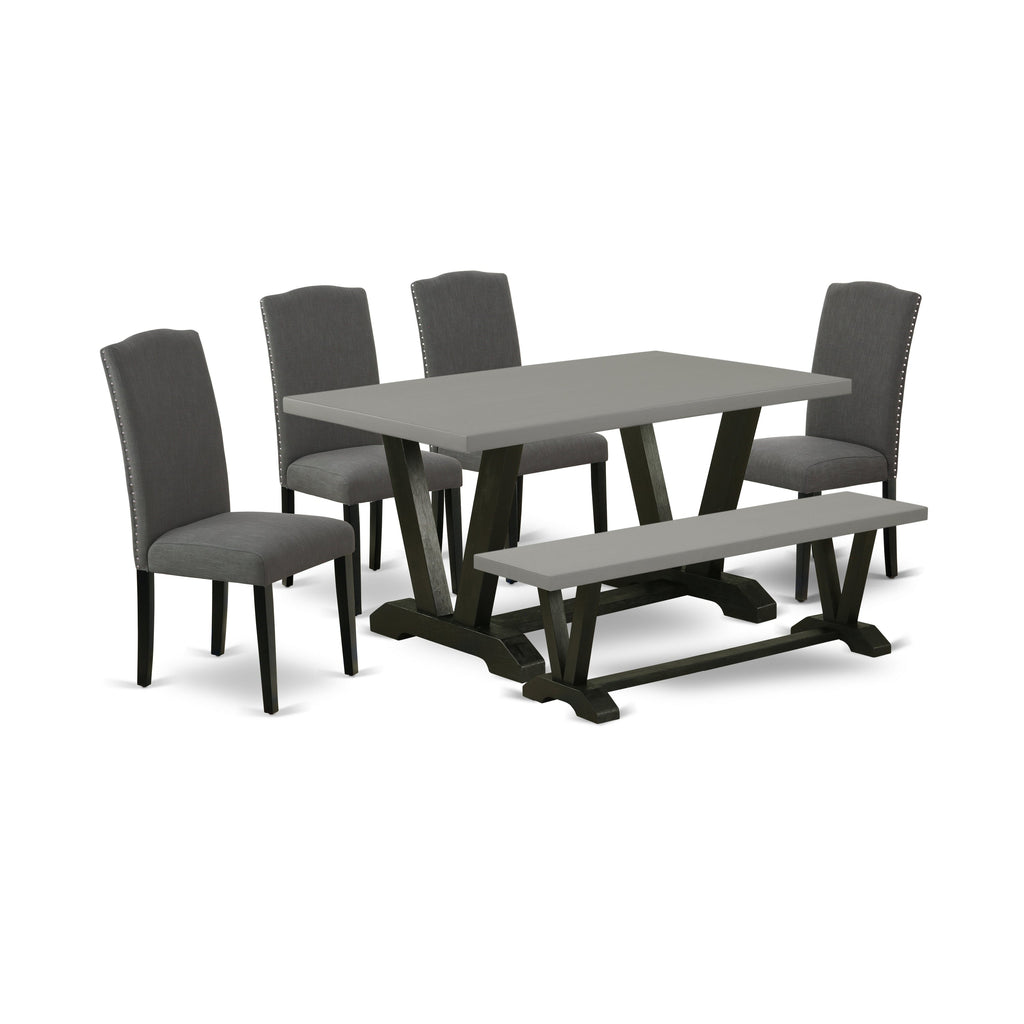 East West Furniture V696EN120-6 6 Piece Dinette Set Contains a Rectangle Dining Room Table with V-Legs and 4 Dark Gotham Linen Fabric Parson Chairs with a Bench, 36x60 Inch, Multi-Color