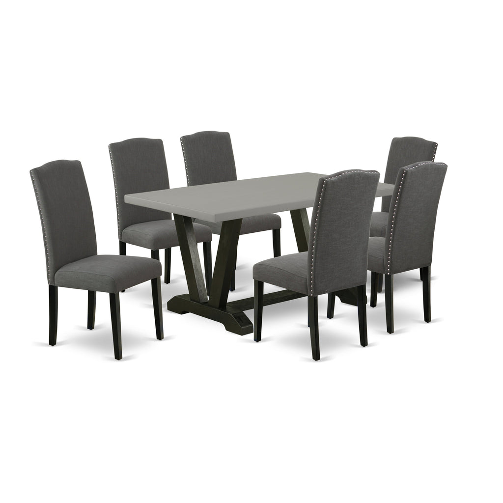 East West Furniture V696EN120-7 7 Piece Dining Room Table Set Consist of a Rectangle Kitchen Table with V-Legs and 6 Dark Gotham Linen Fabric Parson Dining Chairs, 36x60 Inch, Multi-Color