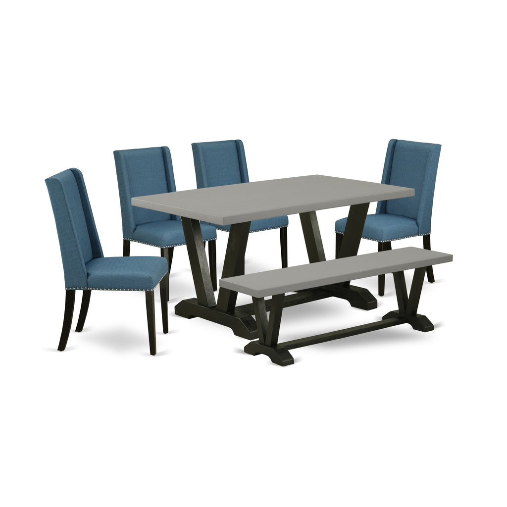 East West Furniture V696FL121-6 6 Piece Dining Table Set Contains a Rectangle Dining Room Table with V-Legs and 4 Blue Linen Fabric Parson Chairs with a Bench, 36x60 Inch, Multi-Color