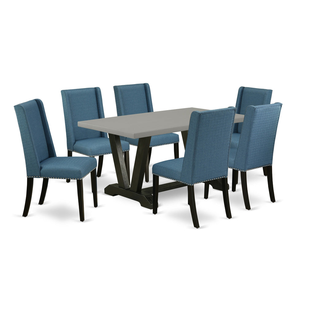 East West Furniture V696FL121-7 7 Piece Modern Dining Table Set Consist of a Rectangle Wooden Table with V-Legs and 6 Blue Linen Fabric Parsons Dining Chairs, 36x60 Inch, Multi-Color