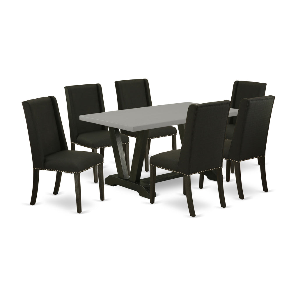 East West Furniture V696FL624-7 7 Piece Kitchen Table Set Consist of a Rectangle Dining Table with V-Legs and 6 Black Linen Fabric Parson Dining Room Chairs, 36x60 Inch, Multi-Color