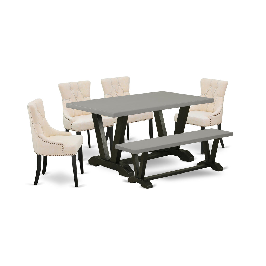 East West Furniture V696FR102-6 6 Piece Dining Set Contains a Rectangle Dining Room Table with V-Legs and 4 Light Beige Linen Fabric Upholstered Chairs with a Bench, 36x60 Inch, Multi-Color