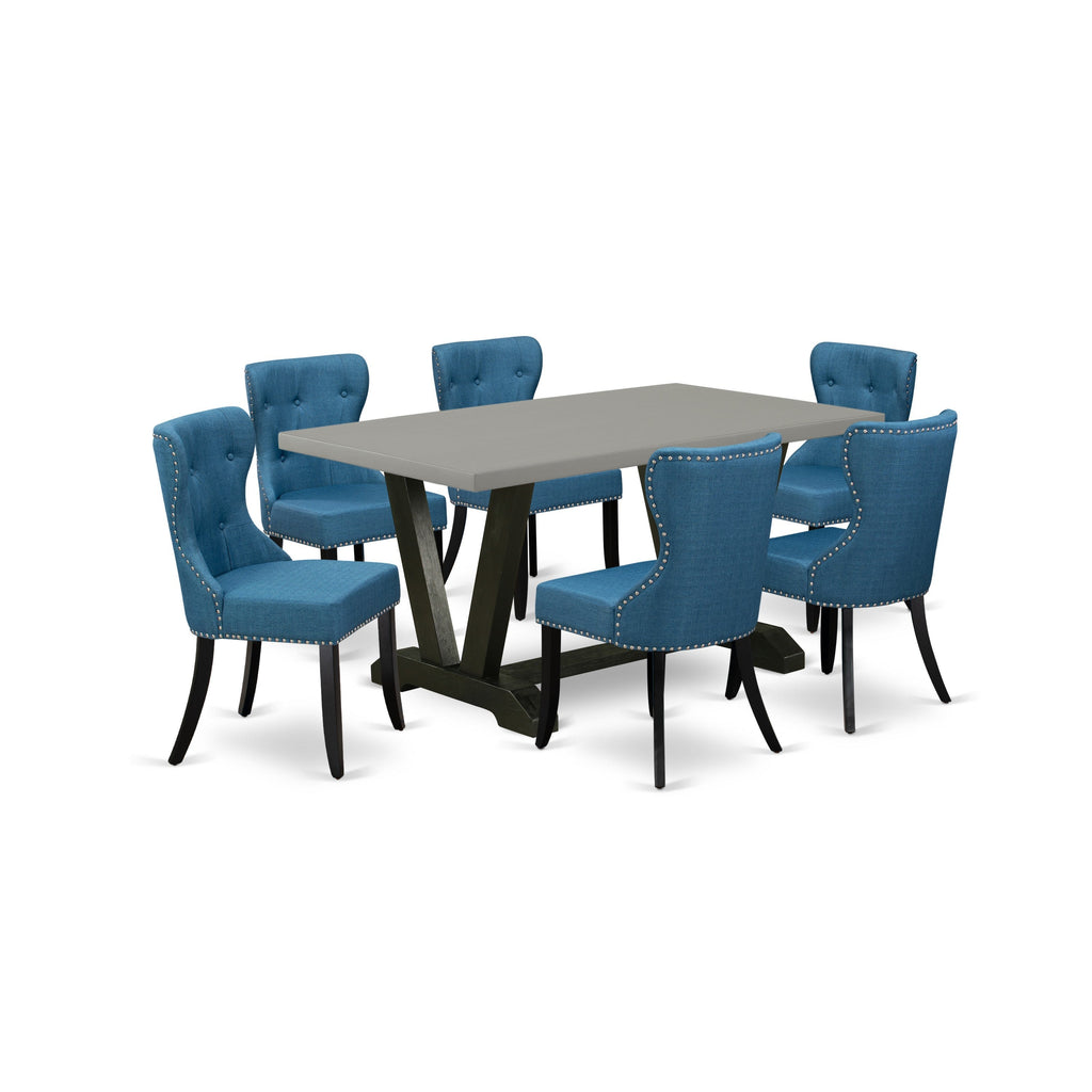 East West Furniture V696SI121-7 7 Piece Kitchen Table Set Consist of a Rectangle Dining Table with V-Legs and 6 Blue Linen Fabric Parson Dining Room Chairs, 36x60 Inch, Multi-Color