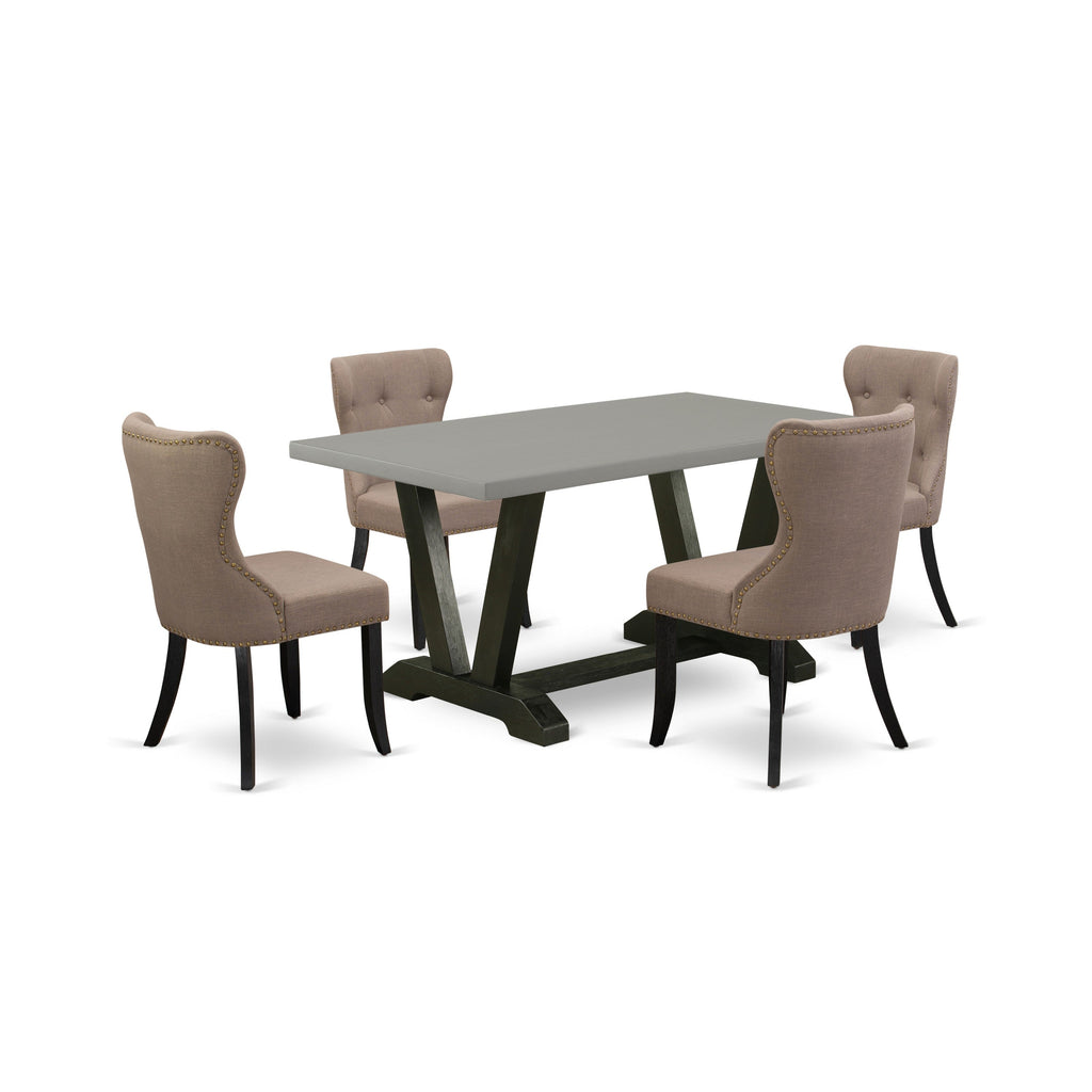 East West Furniture V696SI648-5 5 Piece Dining Table Set for 4 Includes a Rectangle Kitchen Table with V-Legs and 4 Coffee Linen Fabric Upholstered Parson Chairs, 36x60 Inch, Multi-Color