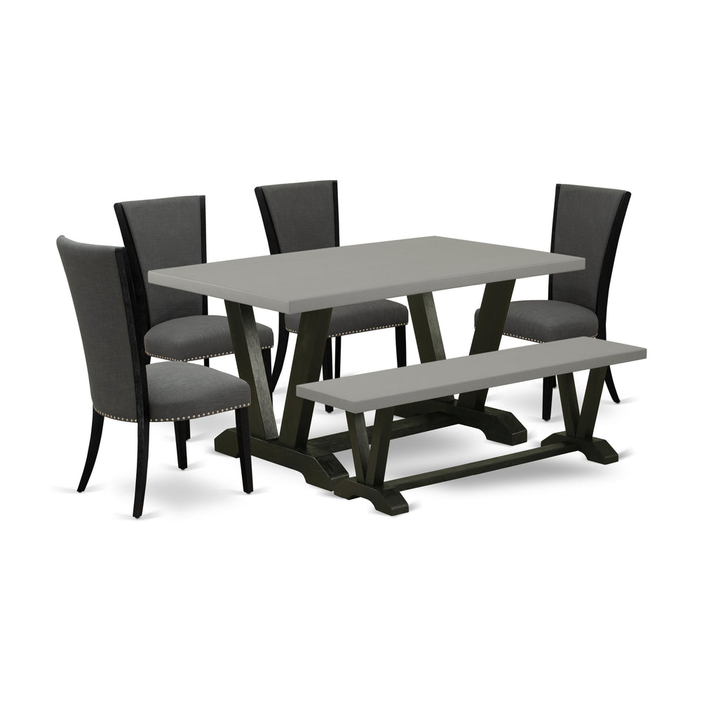 East West Furniture V696VE650-6 6 Piece Dining Set Contains a Rectangle Dining Room Table with V-Legs and 4 Dark Gotham Linen Fabric Upholstered Chairs with a Bench, 36x60 Inch, Multi-Color