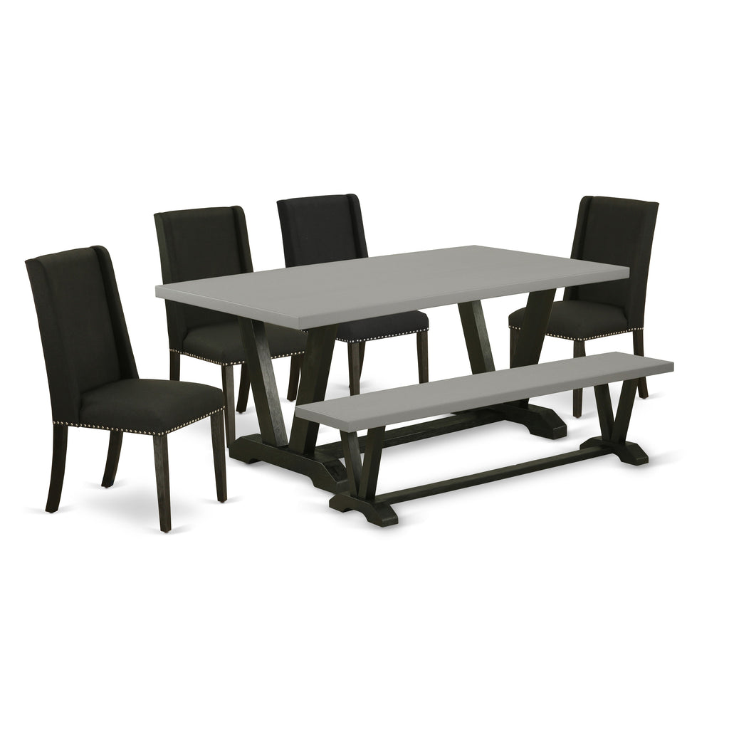East West Furniture V697FL624-6 6 Piece Dining Table Set Contains a Rectangle Dining Room Table with V-Legs and 4 Black Linen Fabric Parson Chairs with a Bench, 40x72 Inch, Multi-Color