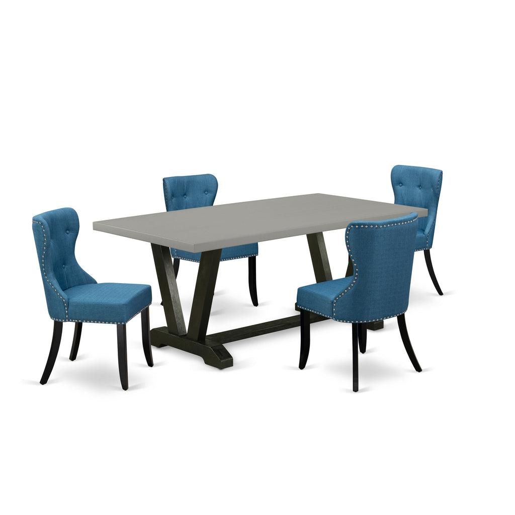 East West Furniture V697SI121-5 5 Piece Modern Dining Table Set Includes a Rectangle Wooden Table with V-Legs and 4 Blue Linen Fabric Upholstered Parson Chairs, 40x72 Inch, Multi-Color