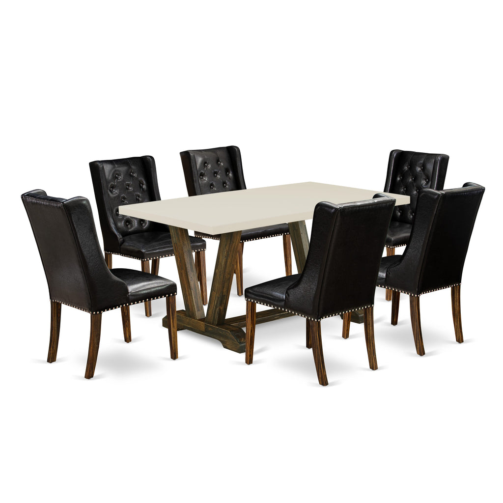 East West Furniture V726FO749-7 7 Piece Dining Table Set Consist of a Rectangle Dining Room Table with V-Legs and 6 Black Faux Leather Upholstered Parson Chairs, 36x60 Inch, Multi-Color